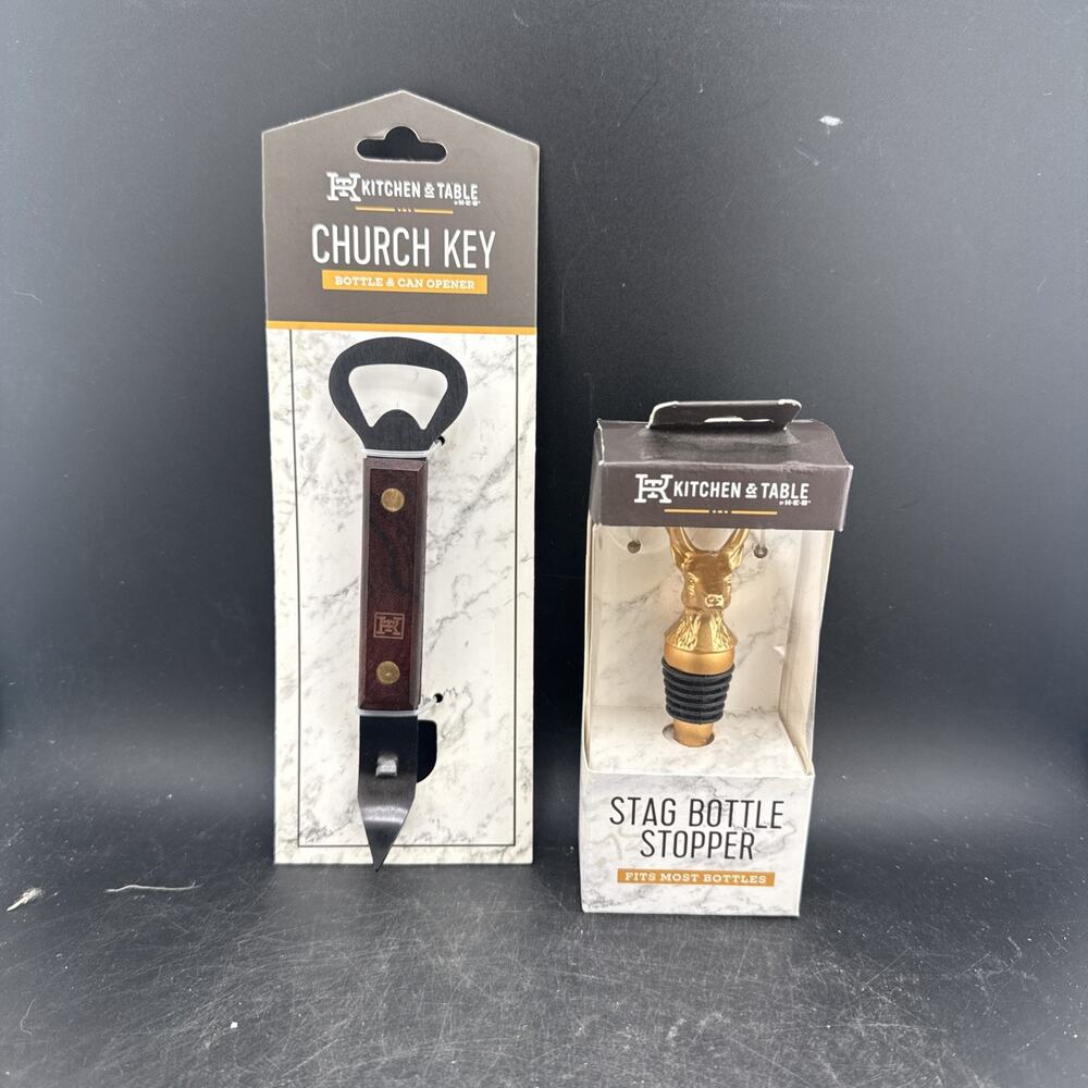 Kitchen & Table Church Key Can Opener Stag Bottle Stopper Gift Set NIB